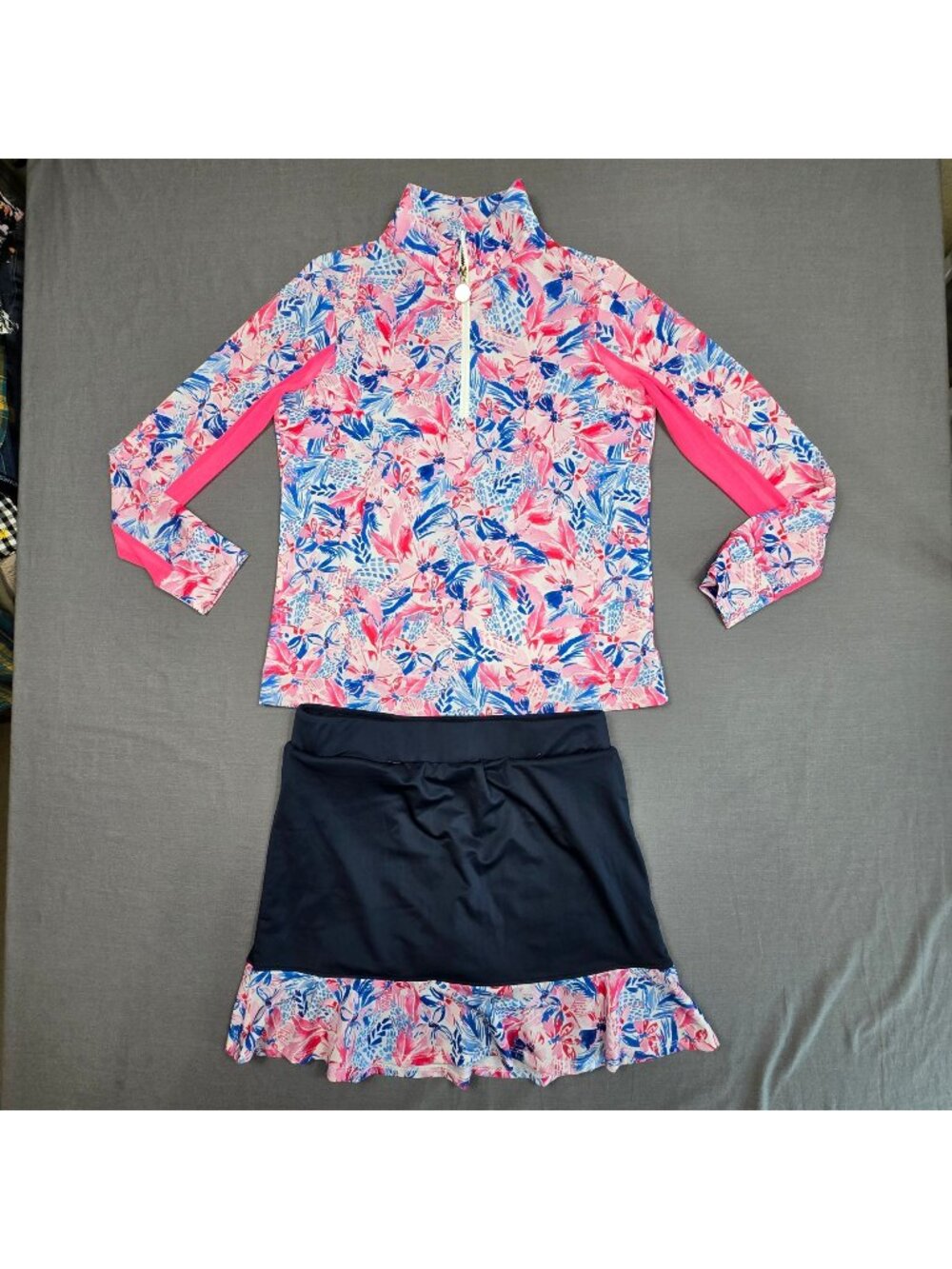 Stella Parker Golf Womens Small Long Sleeve Floral Top & Navy Skort Set
